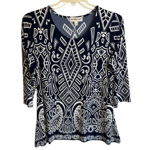 Southern Lady Navy Blue White Geometric Print 3/4 Sleeve Career Top Size L